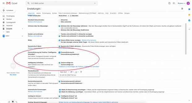 Gmail-Einstellungen - Intelligentes Schreiben.