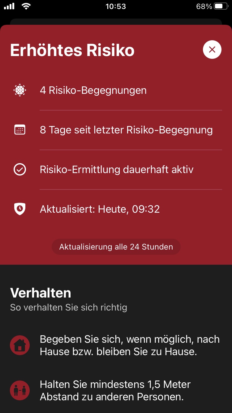 Vier Risiko-Begegnungen - meine Corona-Warn-App ist auf rot gesprungen. (Foto: privat)